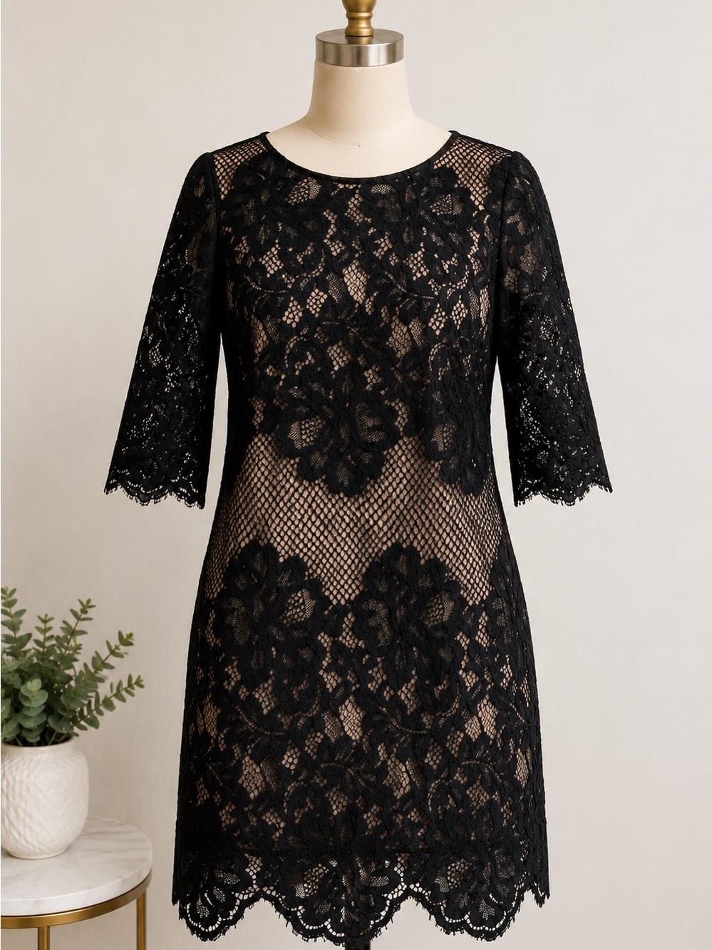 Black Lace Overlay Shift Dress with Nude Lining